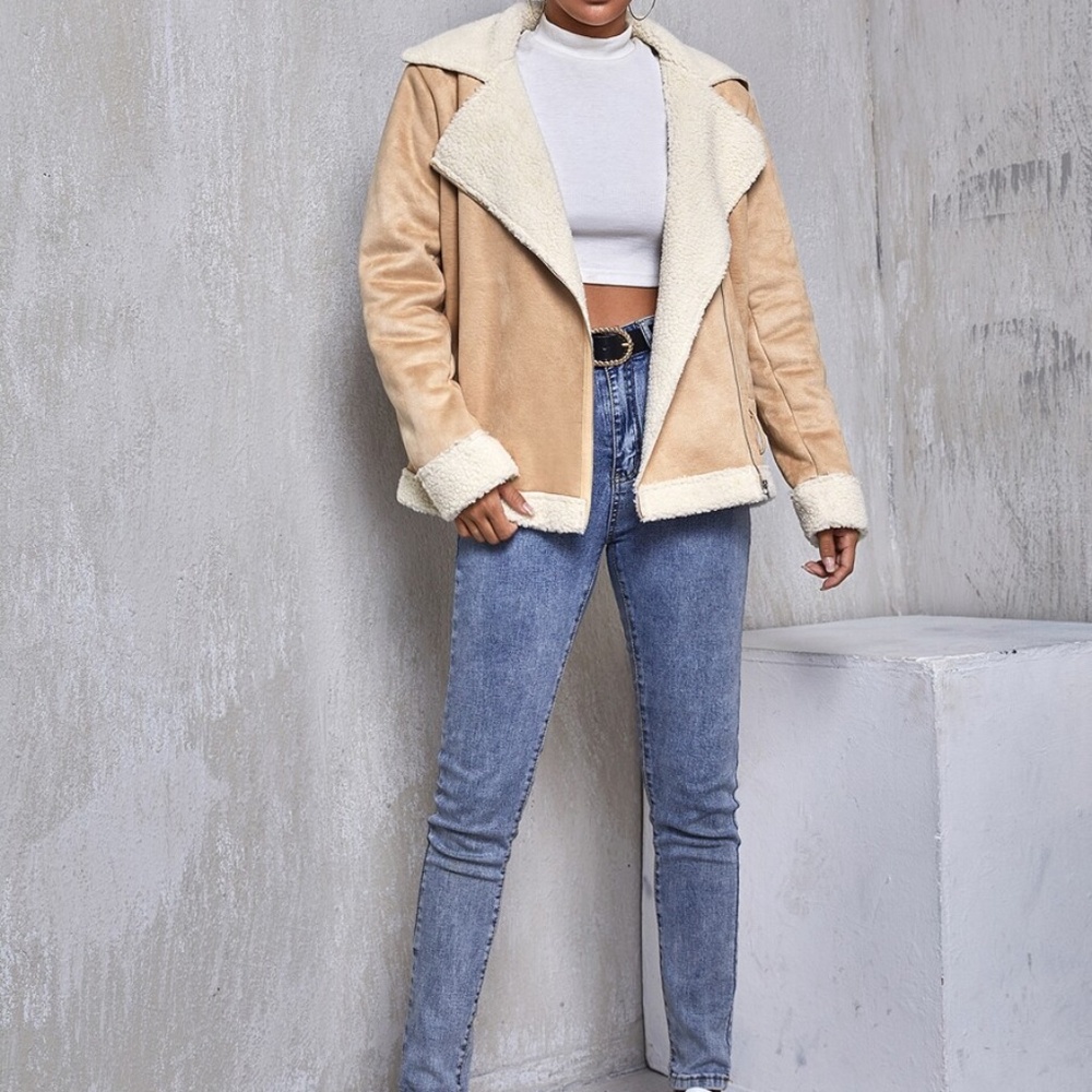 faux fur shearling Vegan suede  lined jacket tan - Picture 5 of 5